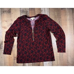Michael Michael Kors Women's Medium Red Black Lace Print Zip Neck Blouse Top